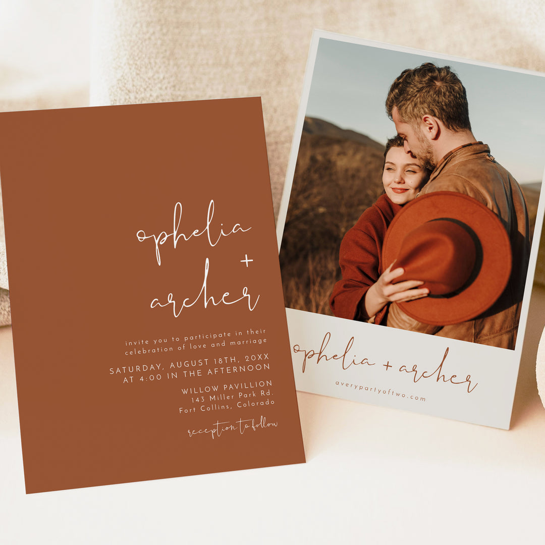 CORIANDER Minimalist Terracotta Wedding Invitations with Photo