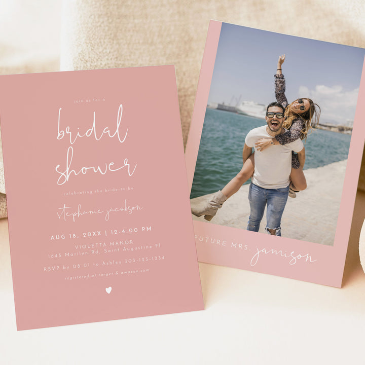 LEAH Dusty Rose Minimalist Boho Bridal Shower Photo Invitation