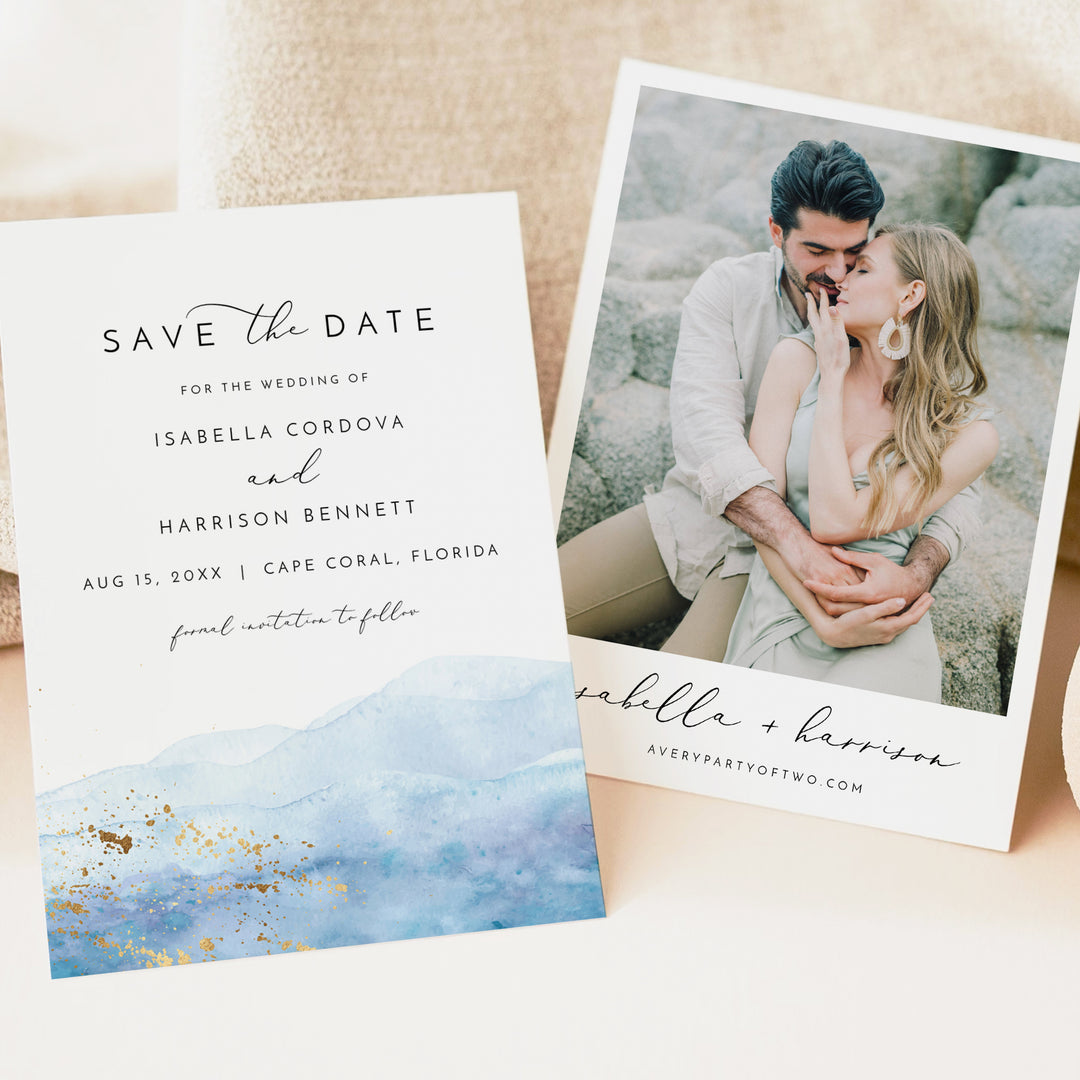 BLAKELY Sky Blue Beach Wedding Save the Date Invitations with Photo