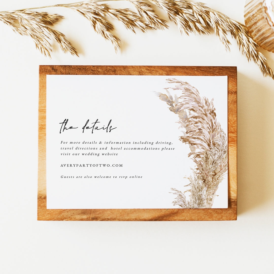 CIERA Elegant Pampas Grass Wedding Details Insert Card