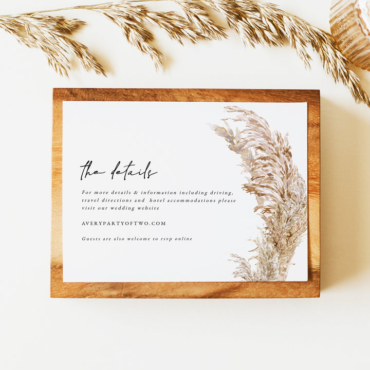 CIERA Elegant Pampas Grass Wedding Details Insert Card