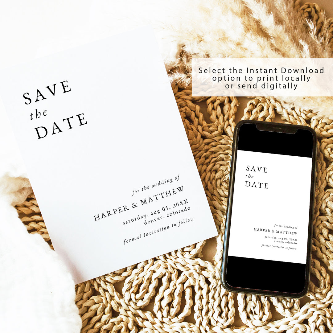 HARPER Classic Modern Minimalist Save the Date Printed or Instant Download