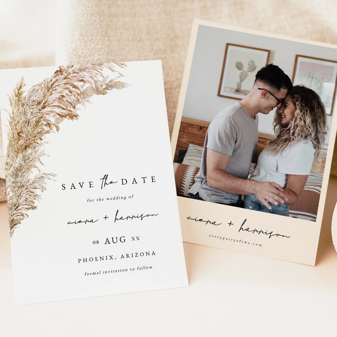 CIERA Dry Pampas Grass Rustic Wedding Save the Date Cards with Photo