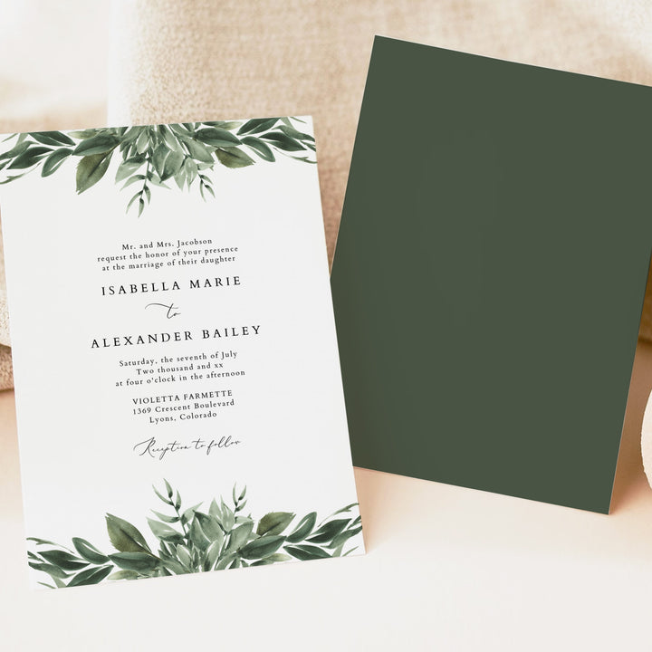 LANA Rustic Olive Green Winter Wedding Invitation Suite with Envelopes