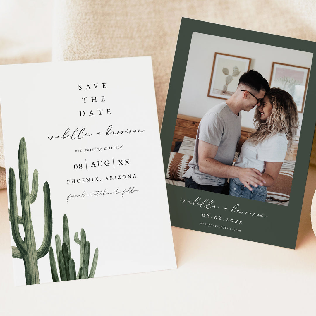 ELEANOR Green Cactus Boho Wedding Save the Date Cards with Photo
