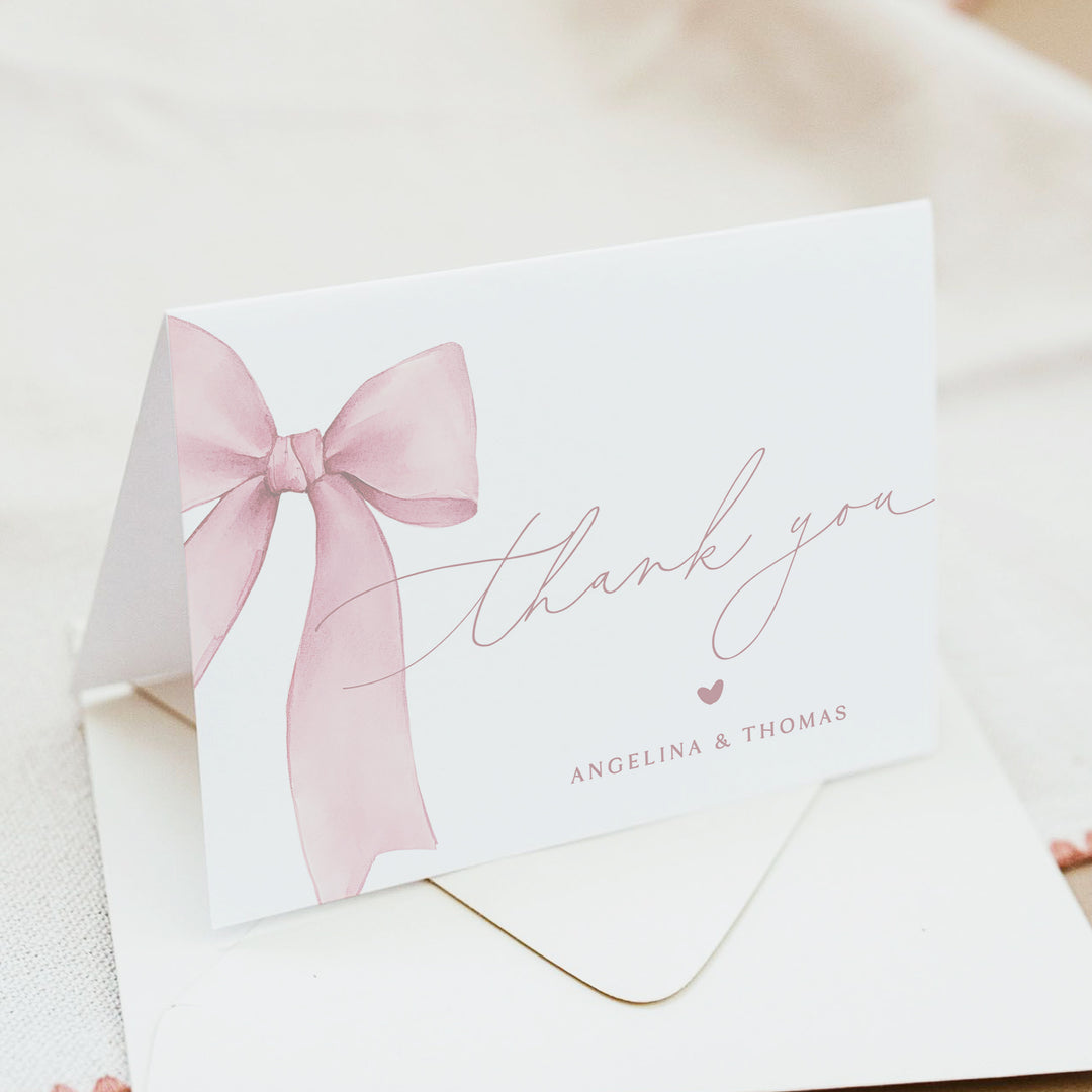 ANGELINA Pink Watercolor Bow Personalized Thank You Cards