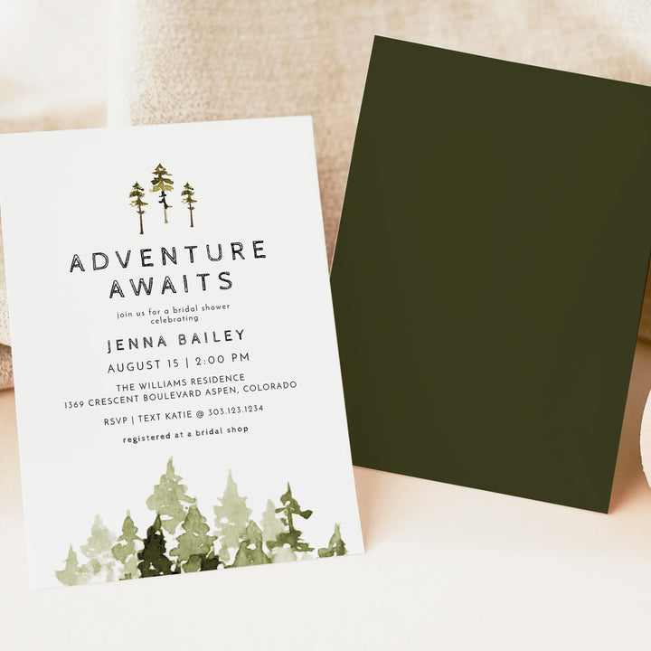 JENNA Forest Green Adventure Awaits Bridal Shower Invitations