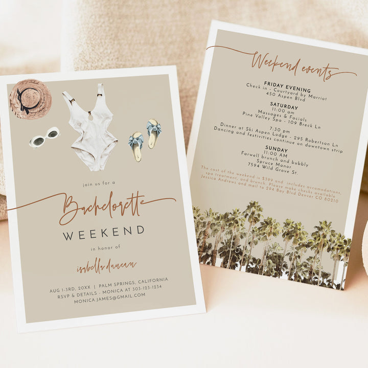 JADE Palm Tree Beach Bachelorette Party Invitation and Itinerary