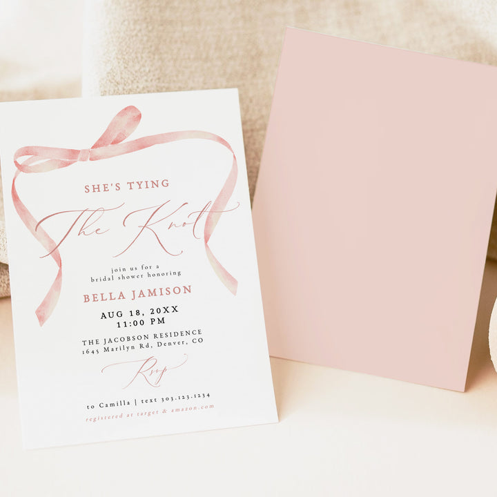 BELLA She's Tying The Knot Blush Pink Bow Bridal Shower Invite