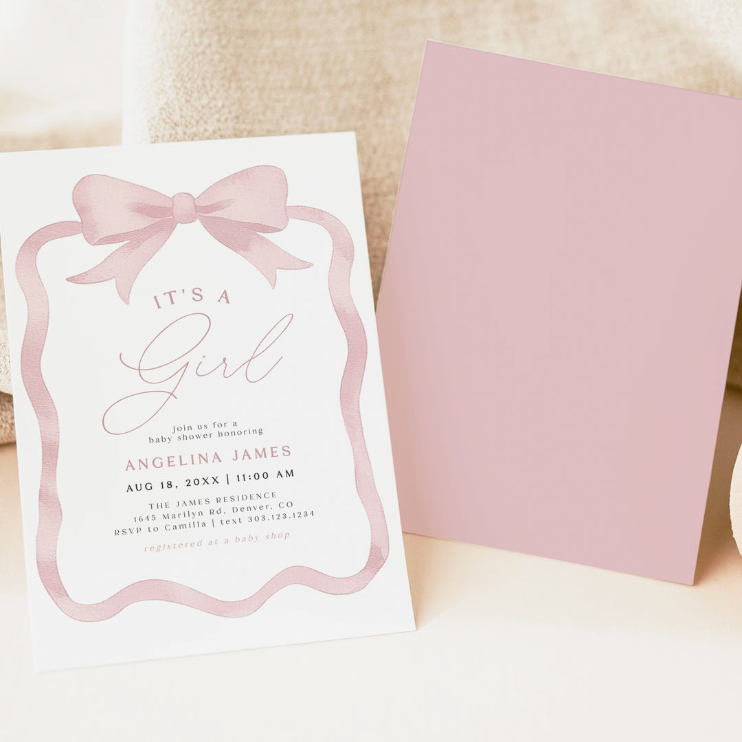ANGELINA It's a Girl Pink Bow Baby Shower Invitation