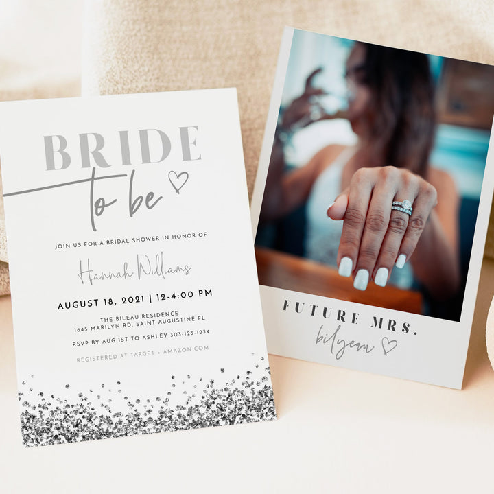 REGINA Modern Silver Glitter Bride To Be Bridal Shower Photo Invitation