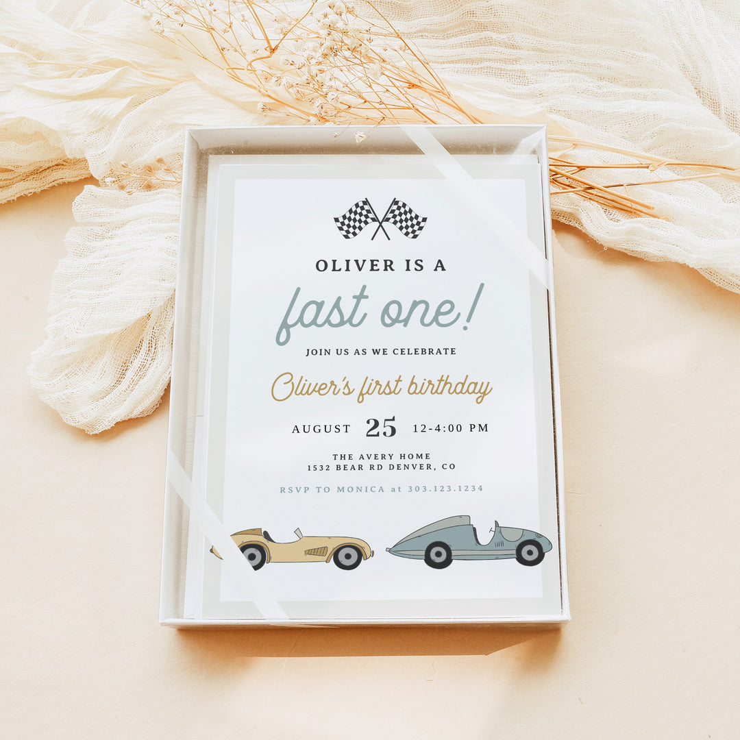 MAVERICK Boy's Retro Racing Car First Birthday Invitation with Photo