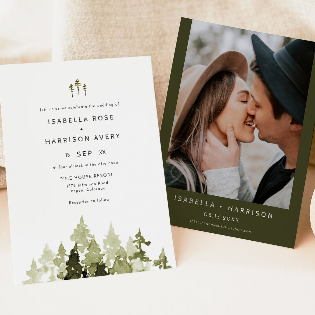 JENNA Rustic Forest Green Wedding Invitation Suite with Photo