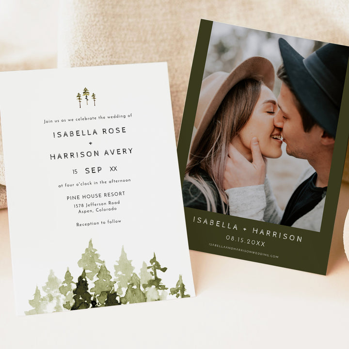 JENNA Rustic Forest Green Wedding Invitation Suite with Photo