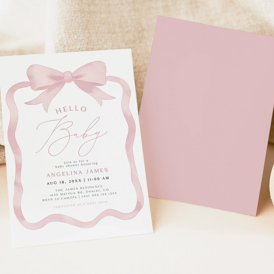 ANGELINA Pink Watercolor Bow Hello Baby Girl Shower Invitations