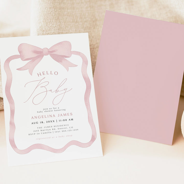ANGELINA Pink Watercolor Bow Hello Baby Girl Shower Invitations