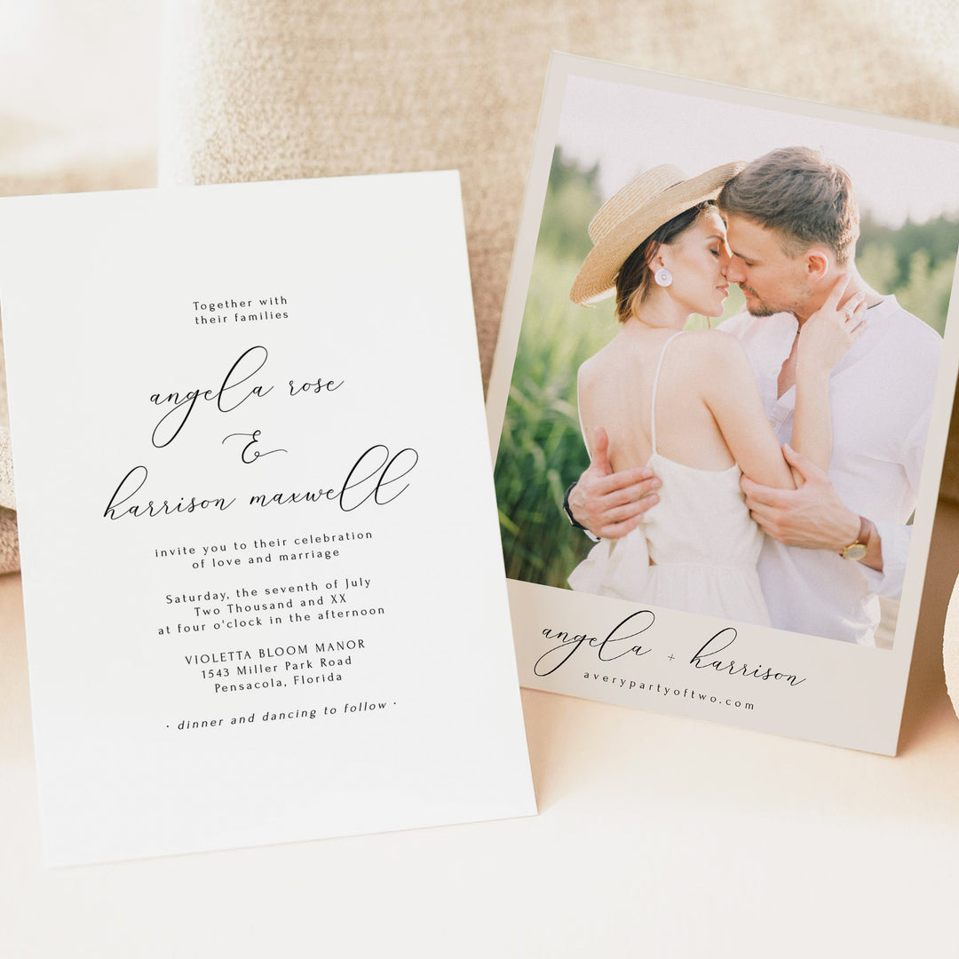 ASHER Simple Black and White Script Wedding Invitation with Photo