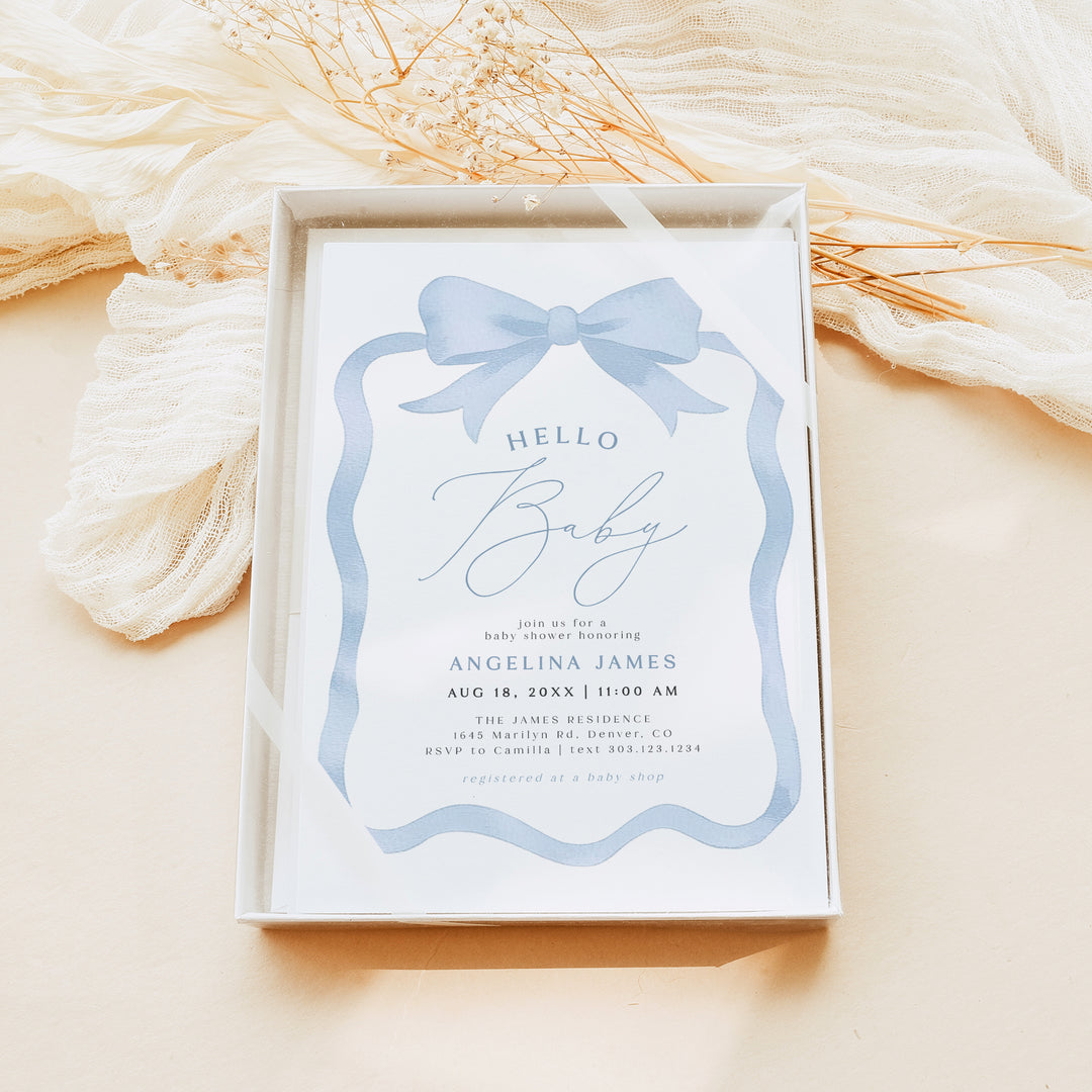 ANGELINA Dusty Blue Bow Hello Baby Boy Shower Invitation Bundle