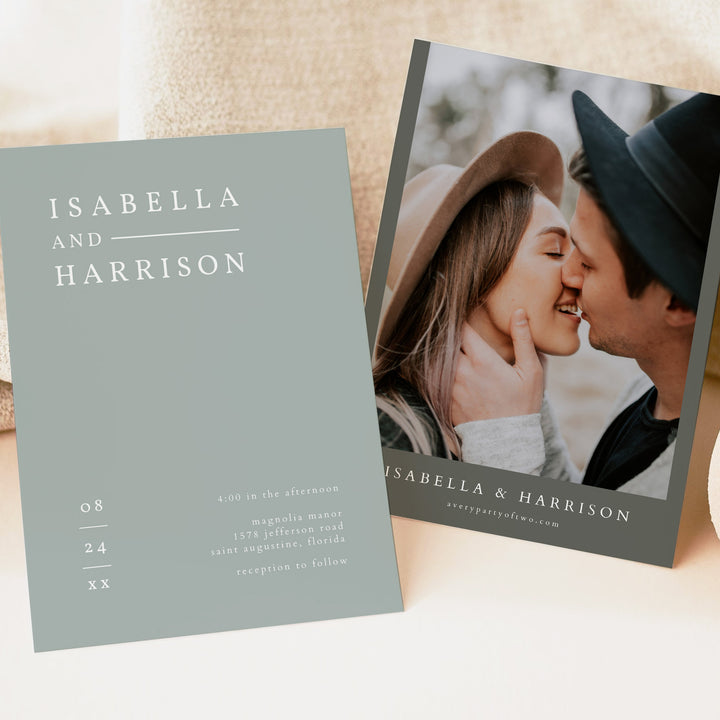 NINA Sage Green Luxury Wedding Invitation Suite with Photo