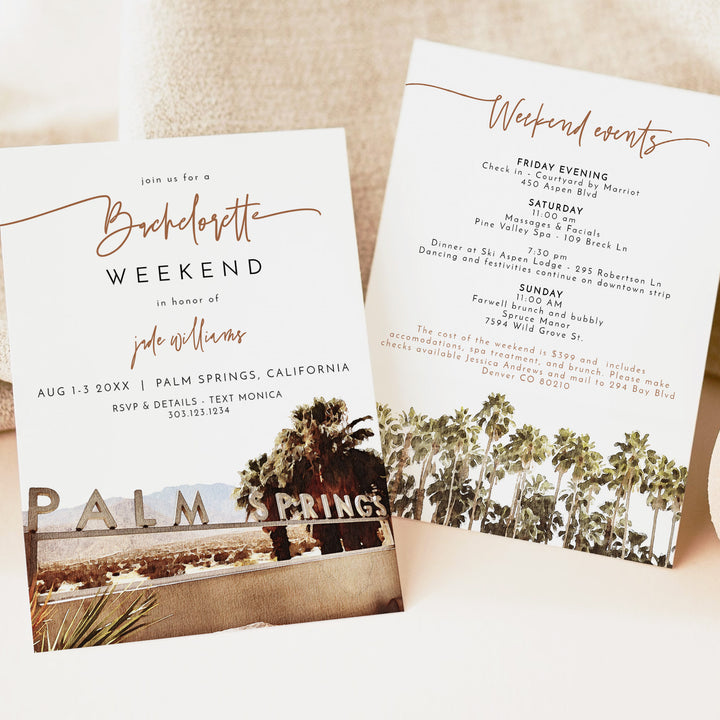 JADE Palm Springs Beach Bachelorette Invitation & Itinerary