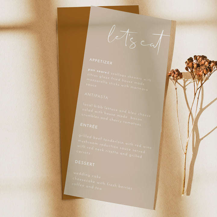 INDIE Beige Let's Eat Menu Cards for Desert Boho Wedding
