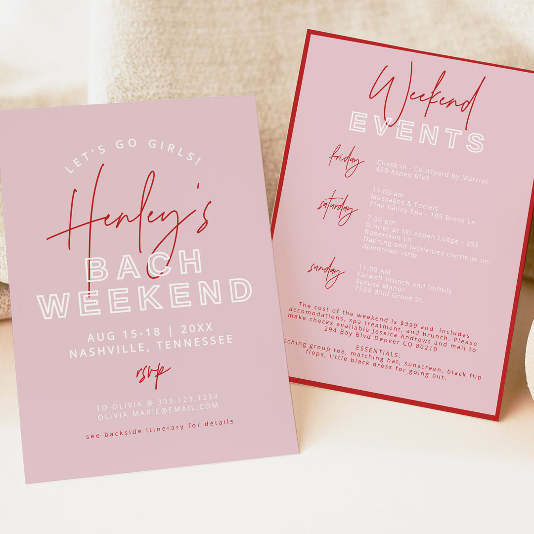 HENLEY Retro Pink Bachelorette Weekend Invitations and Itinerary