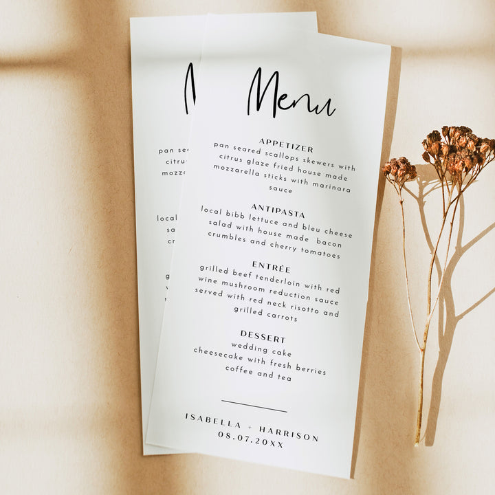 WILLOW Elegant Menu Cards for Romantic Wedding or Engagement Party