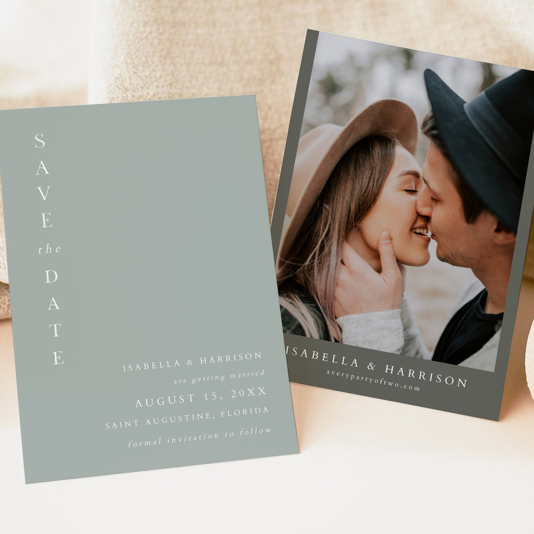 NINA Minimalist Sage Green Wedding Photo Save the Date Cards