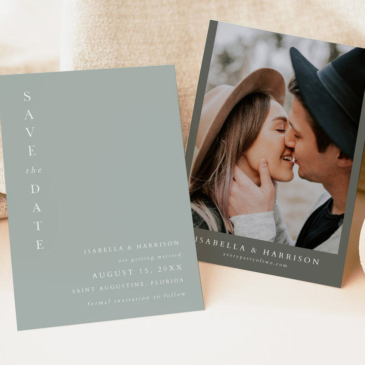 NINA Minimalist Sage Green Wedding Photo Save the Date Cards