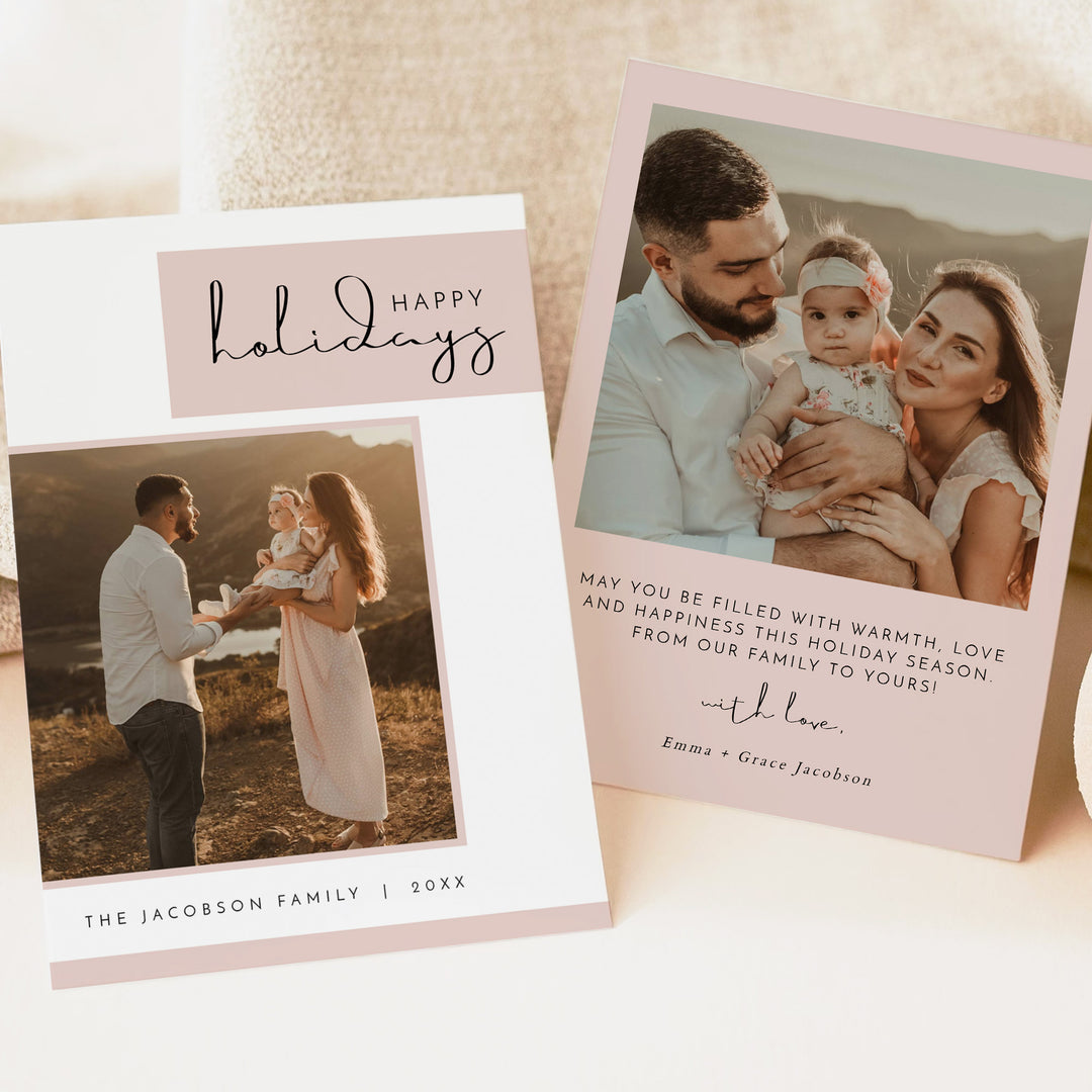JALAINE Modern Blush Pink Happy Holidays Card with Photos