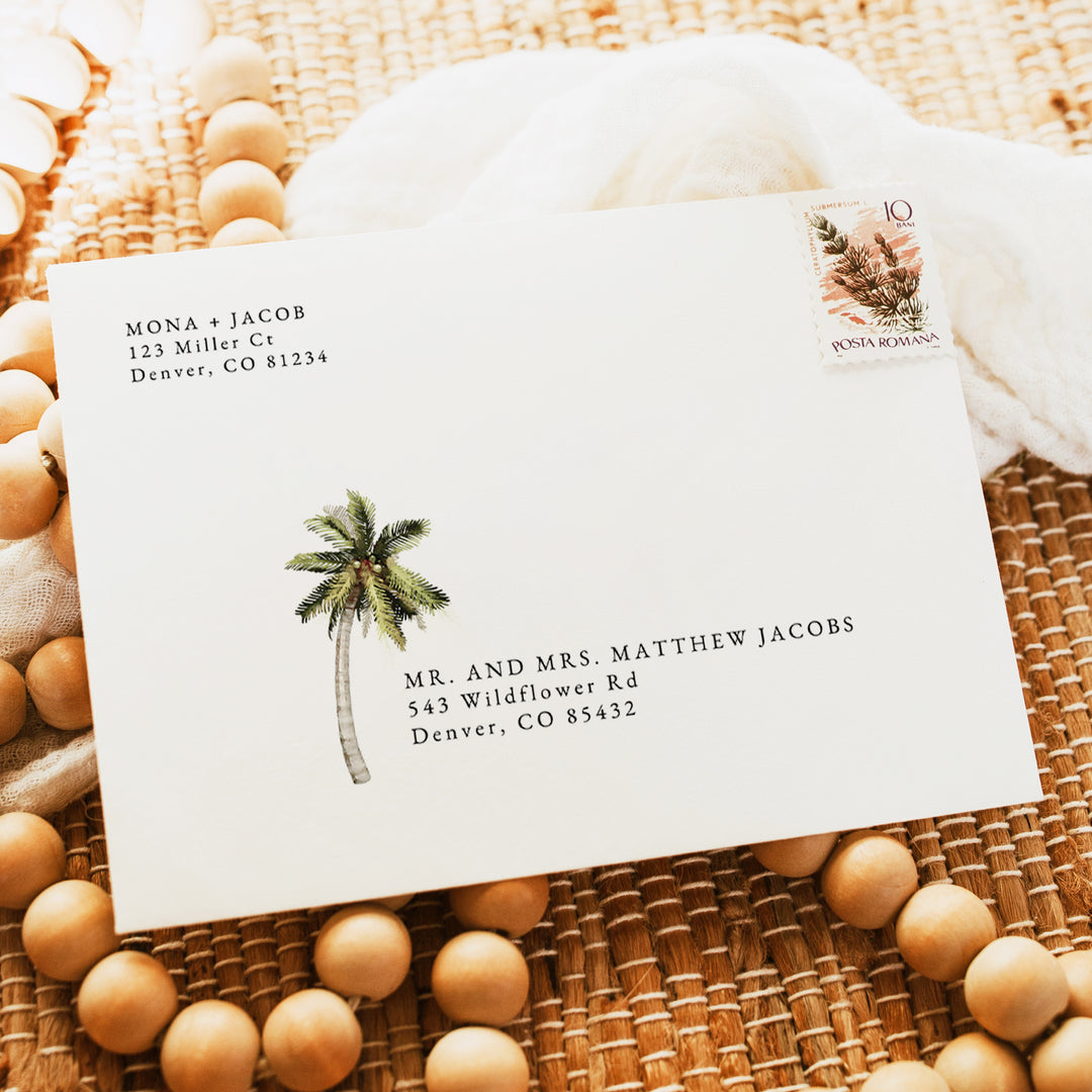 MONA Modern Minimalist Tropical Palm Addressed Envelopes Printed or Instant Download
