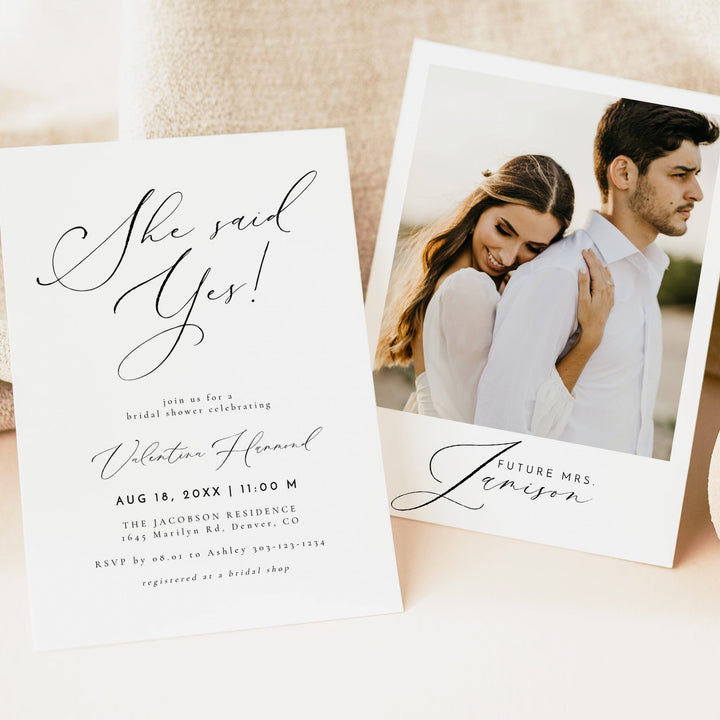 VALENTINA She Said Yes Elegant Bridal Shower Invitation with Photo