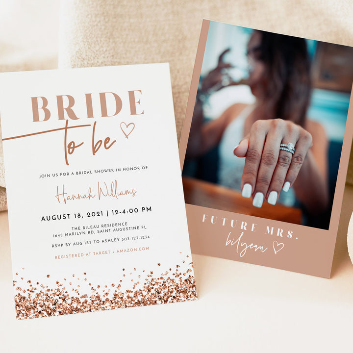 REGINA Rose Gold Glitter Bride To Be Bridal Shower Photo Invitations