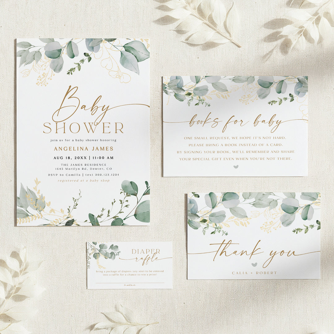 CALIA Sweet Greenery & Gold Elegant Baby Shower Invitation Set