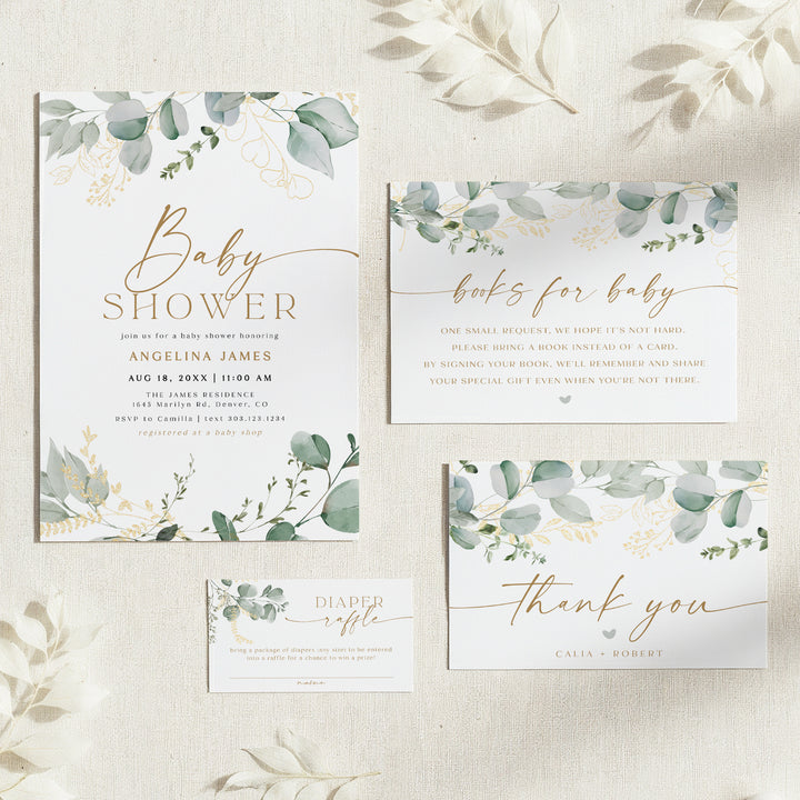 CALIA Sweet Greenery & Gold Elegant Baby Shower Invitation Set
