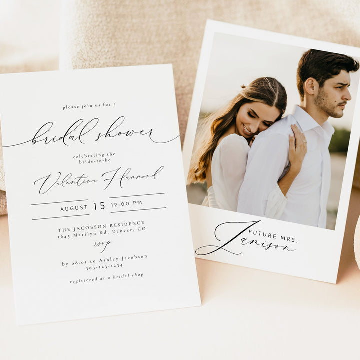 VALENTINA Black and White Minimalist Bridal Shower Photo Invitation