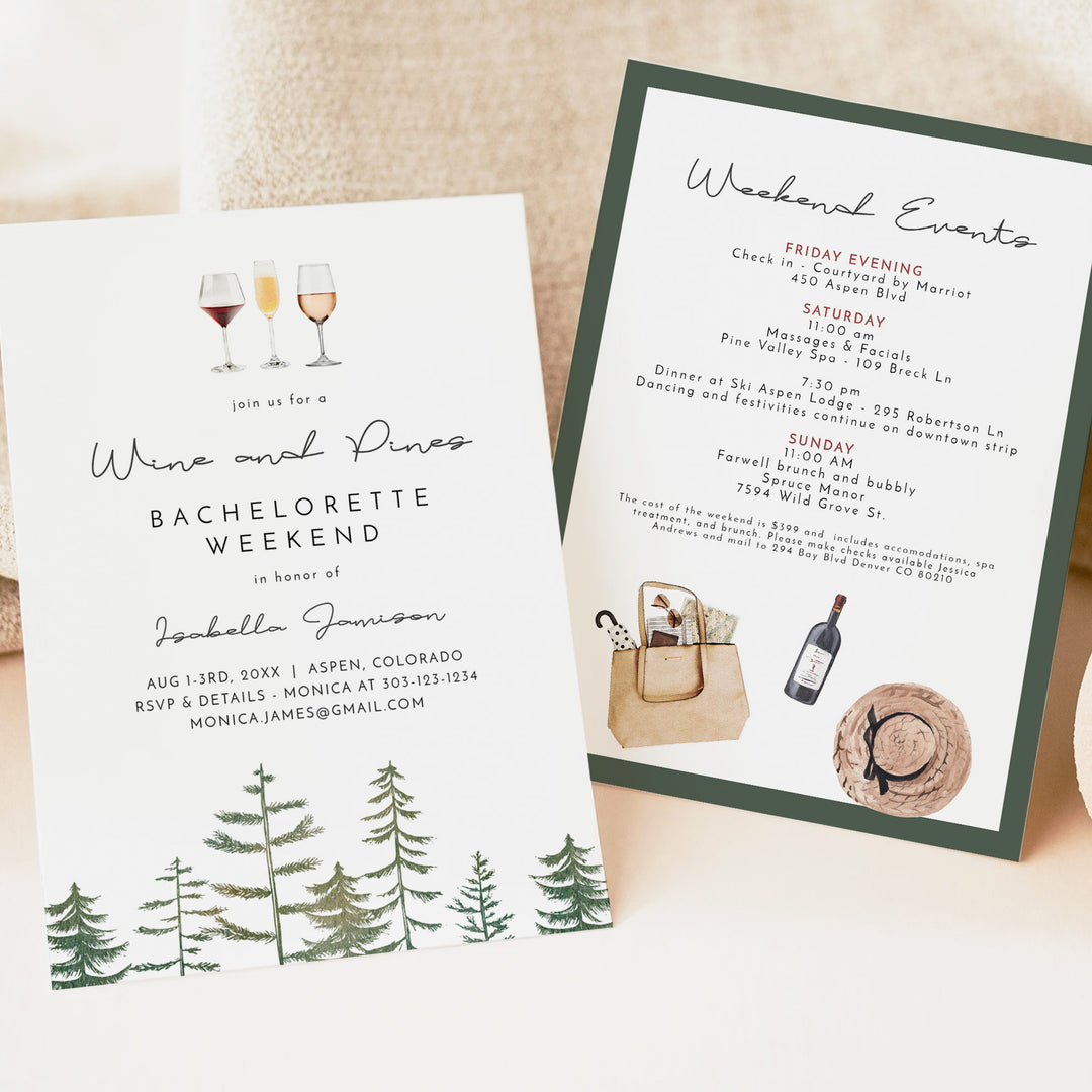 TIMBER Wine and Pines Camping Bachelorette Invitation & Itinerary