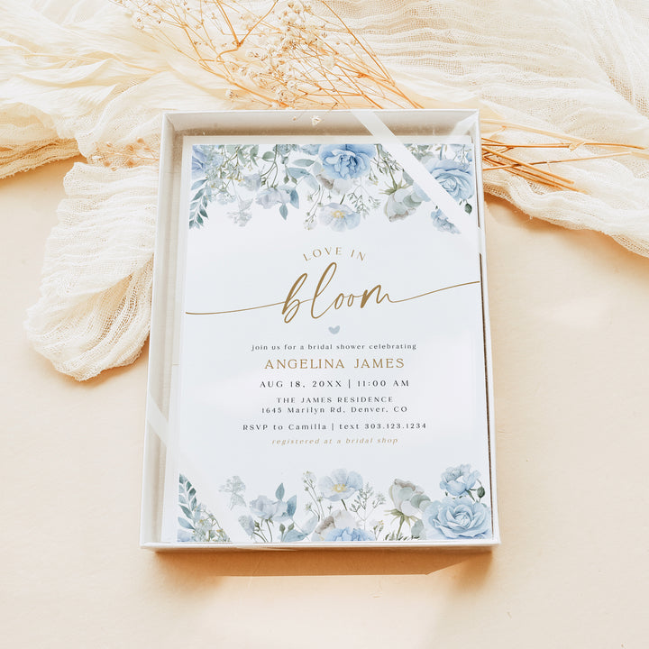 FLEUR Love In Bloom Dusty Blue Floral Bridal Shower Invitation