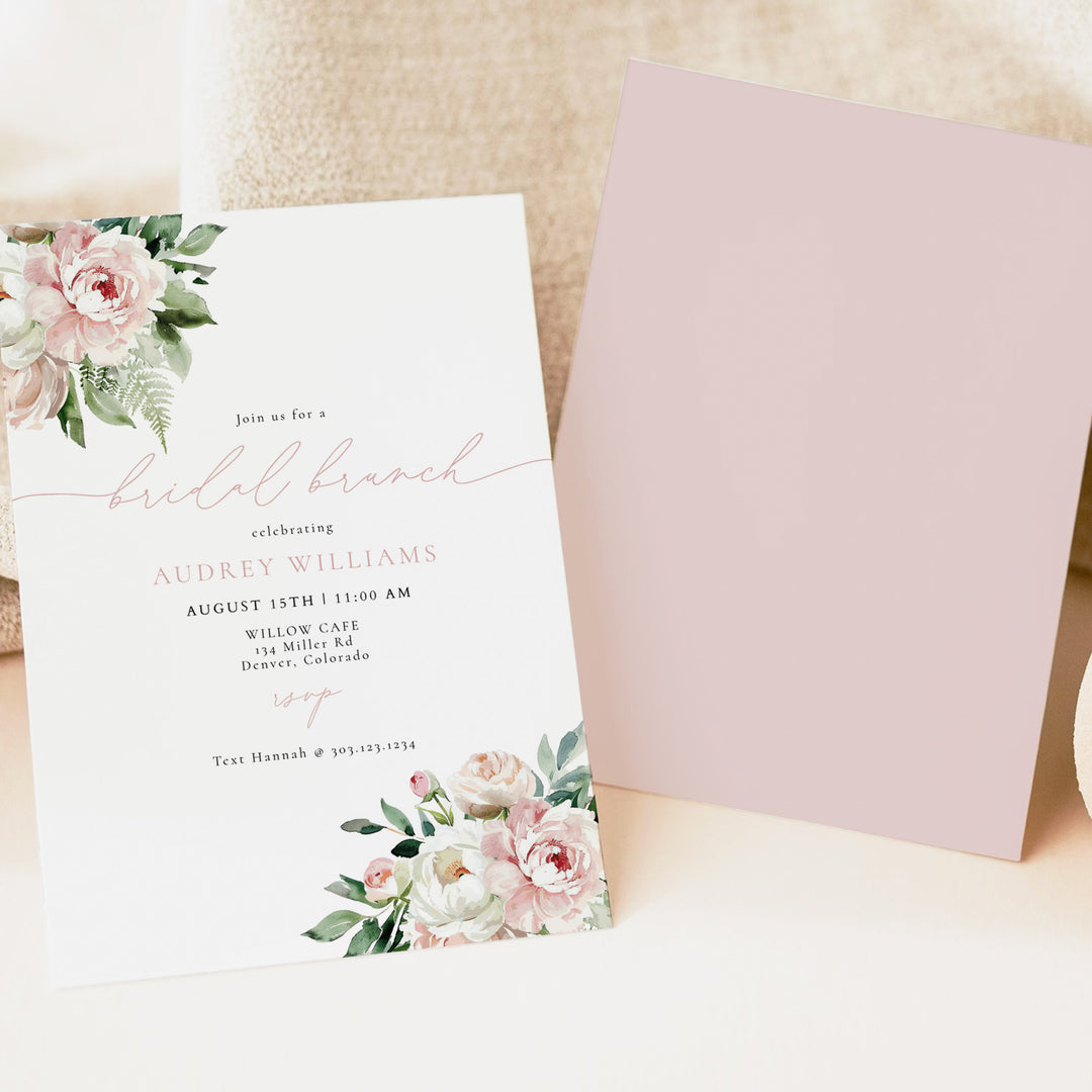 AUDREY Blush Pink Peony Floral Bridal Shower Brunch Invitation