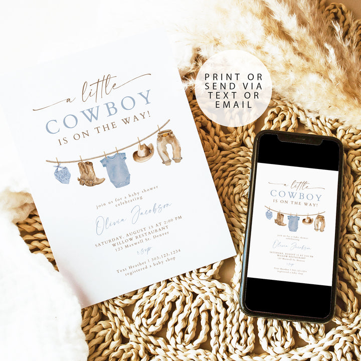 CLINT Little Cowboy on the Way Clothesline Baby Shower Invitation Template