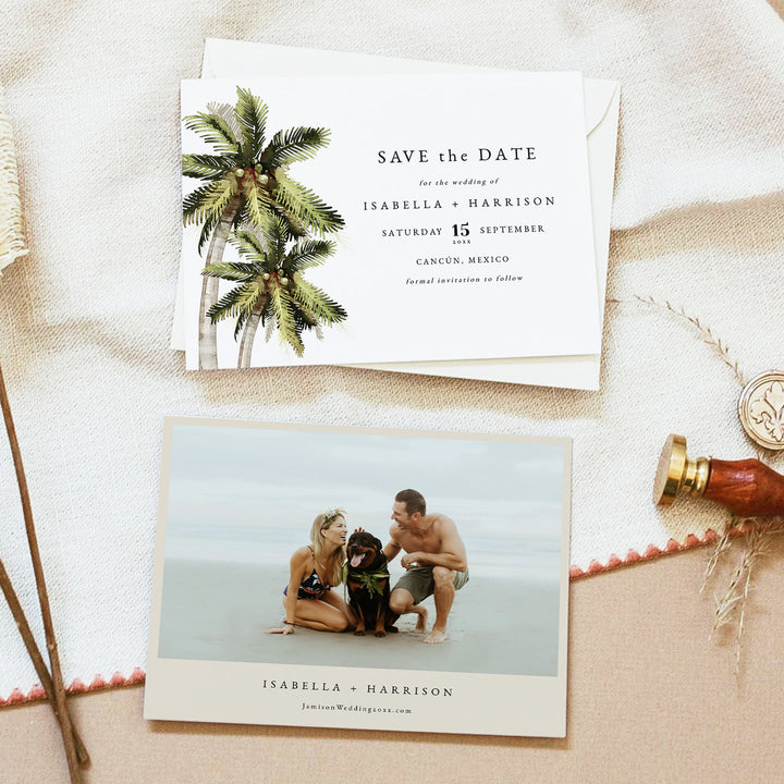 MONA Tropical Palm Tree Save the Date Cards with Photo
