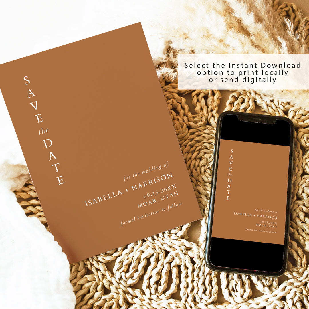 MIA Modern Minimalist Bohemian Terracotta Save the Date Printed or Instant Download