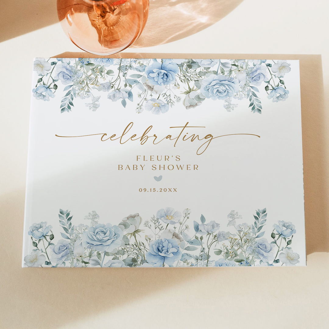 FLEUR Dusty Blue Winter Floral Baby Shower Guest Book Keepsake