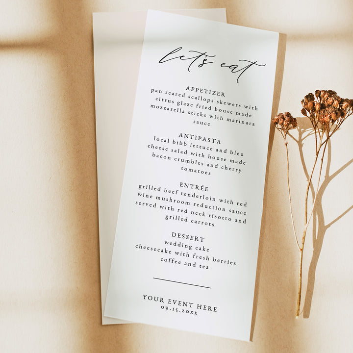MARAH Elegant Script Black and White Let's Eat Menu Cards