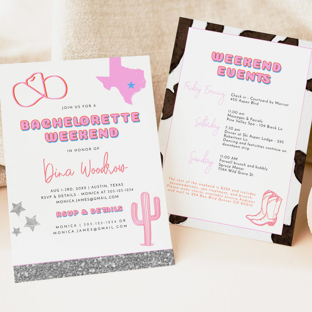 DINA Pink Disco Cowgirl Texas Bachelorette Invitation & Itinerary