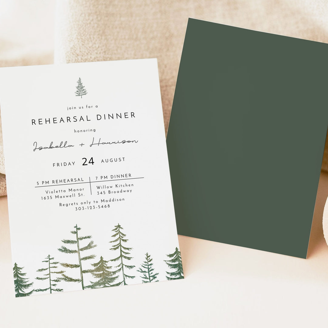 TIMBER Rustic Green Pine Forest Wedding Rehearsal Dinner Invitations