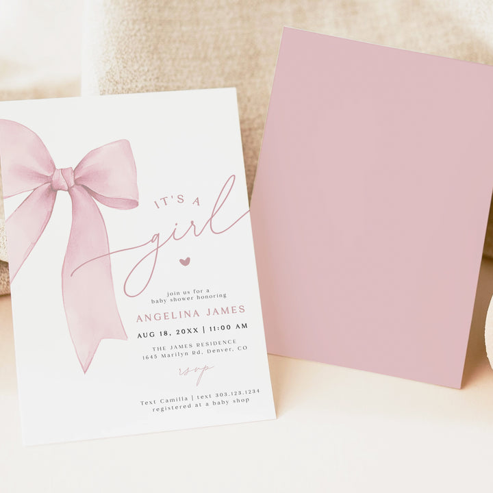 ANGELINA Blush Pink Bow Baby Girl Shower Invitation