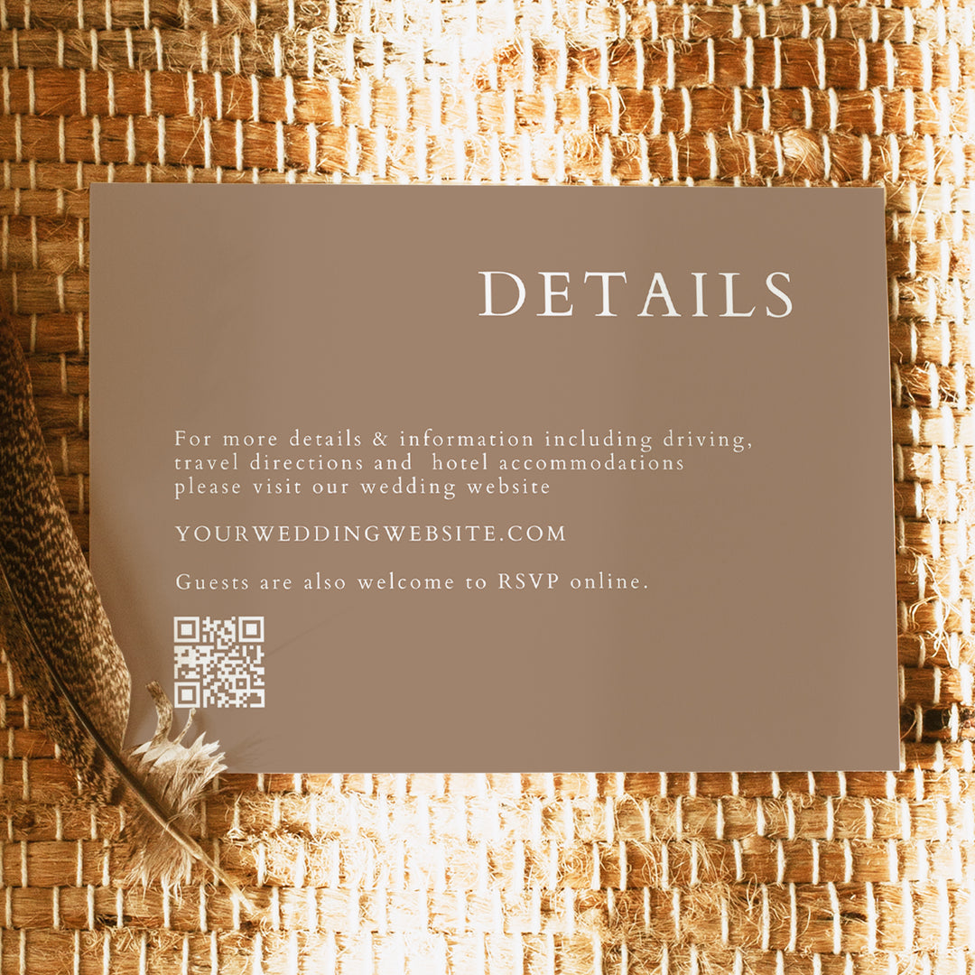 MIA Modern Minimalist Taupe Wedding Details Card Printed or Instant Download