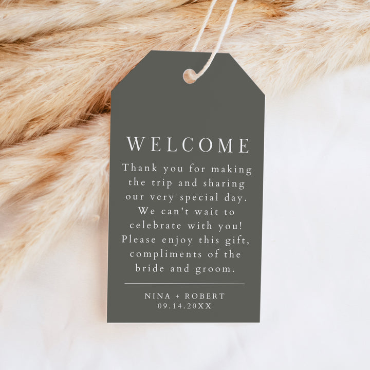 NINA Dark Green Rustic Boho Wedding Welcome Bag Tag