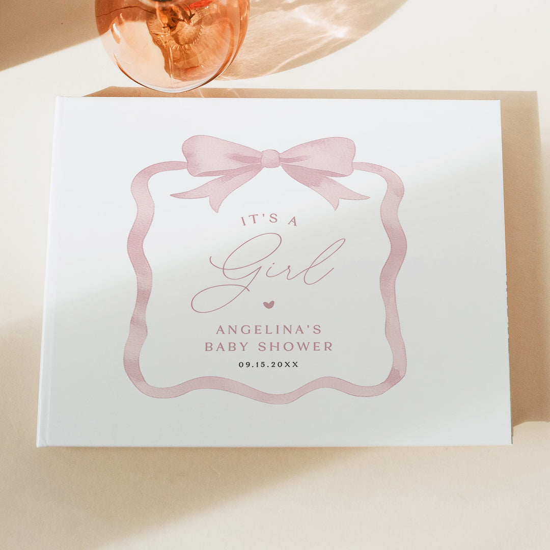 ANGELINA It's a Girl Pink Bow Baby Shower Guest Book